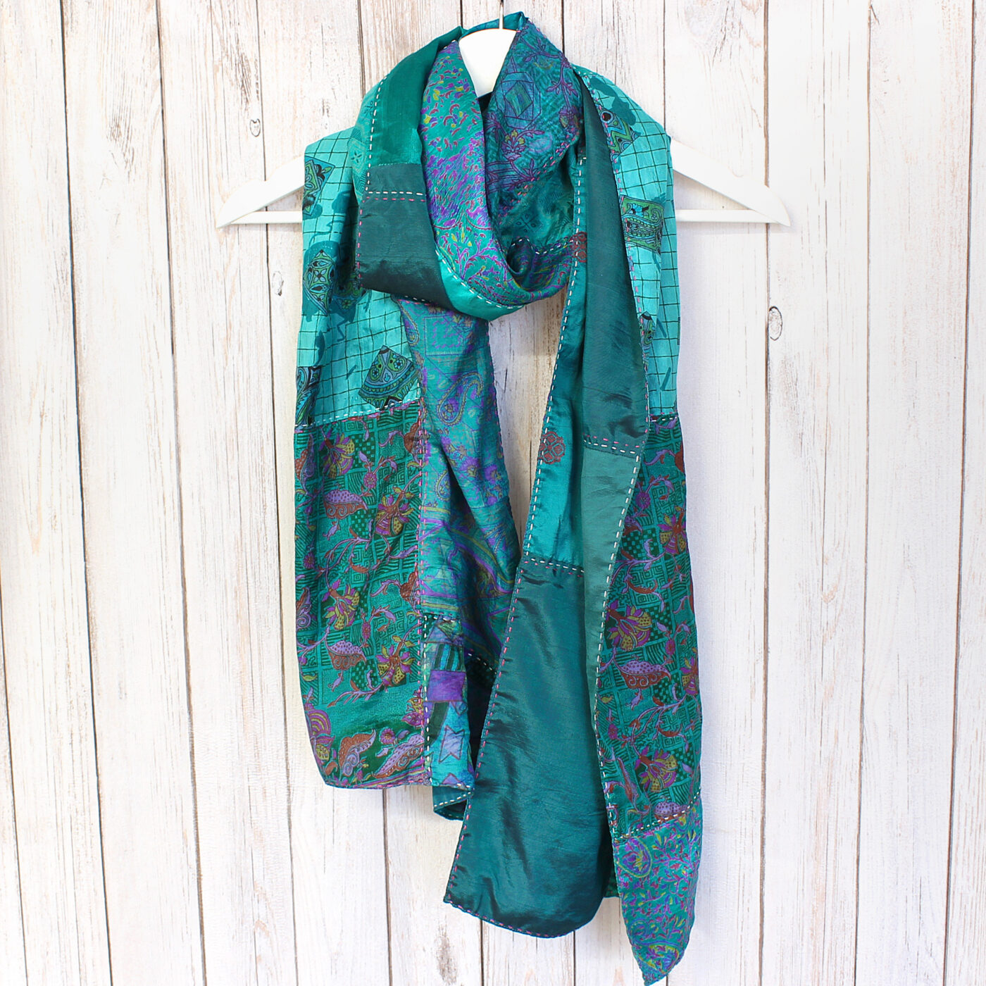 Rich Green Kantha Handstitched Recycled Silk Scarf