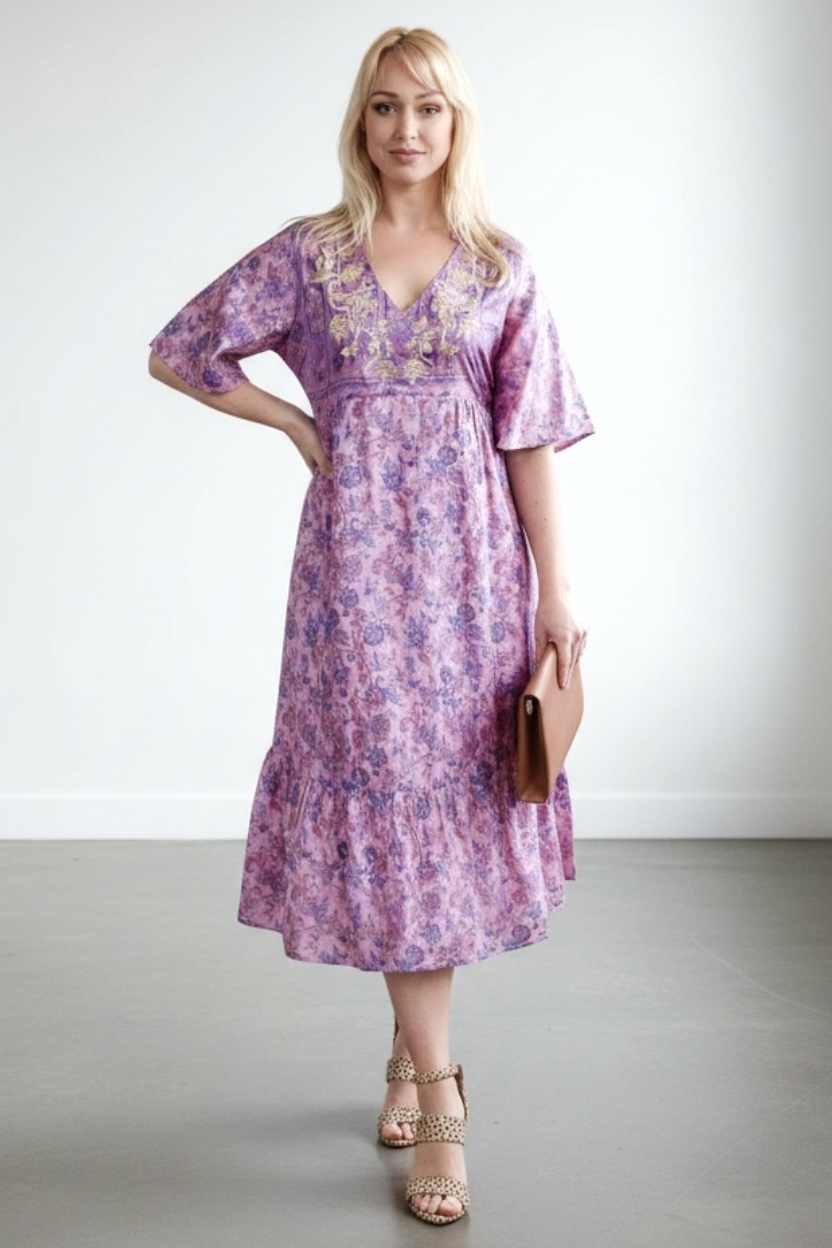 Zaria Silk Print Embroidered Dress 18 Size S/M