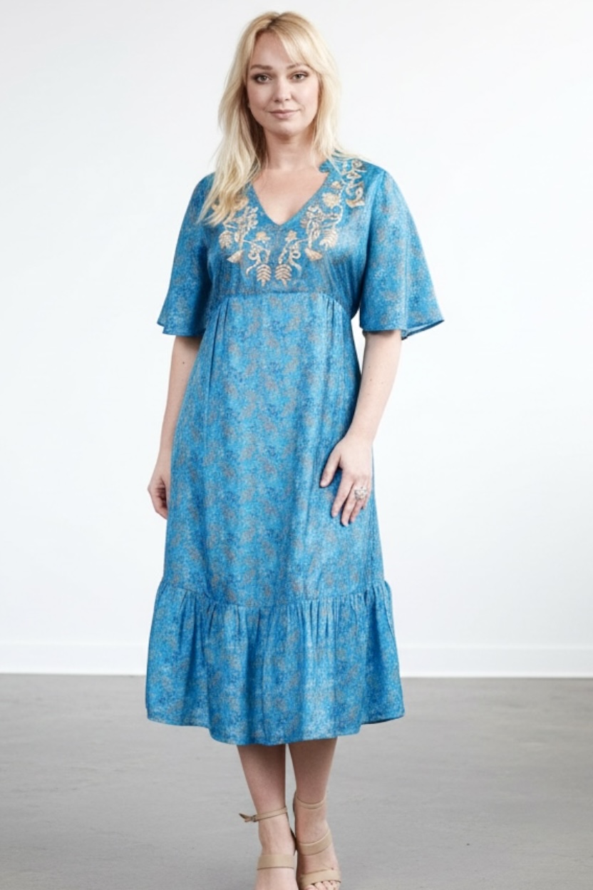 Zaria Silk Print Embroidered Dress 21 Size S/M