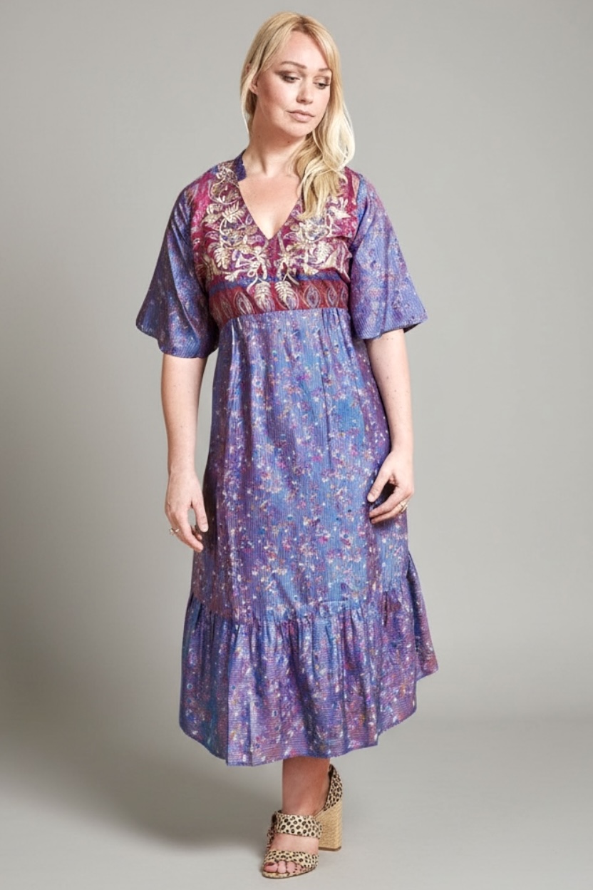 Zaria Silk Print Embroidered Dress 29 Size S/M