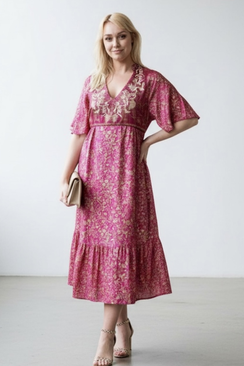 Zaria Silk Print Embroidered Dress 20 Size S/M