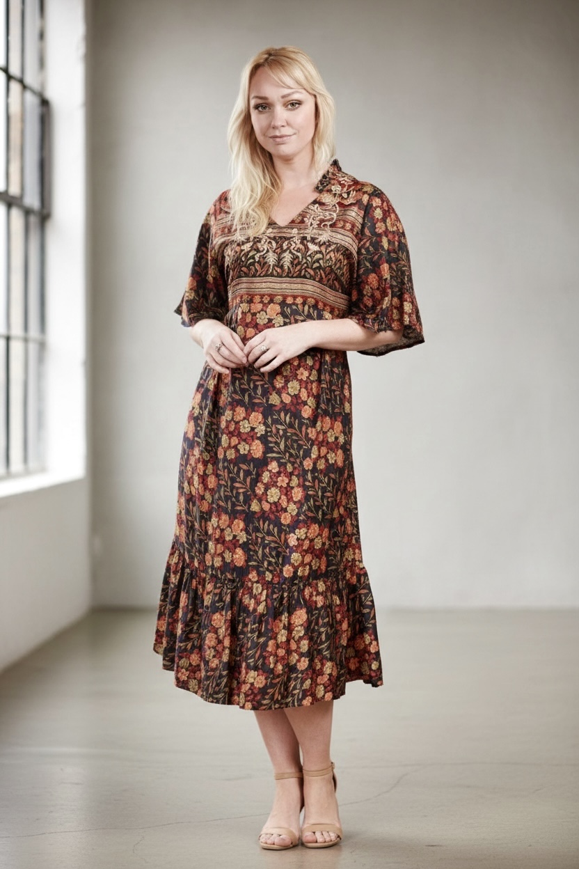 Zaria Silk Print Embroidered Dress 15 Size M/L