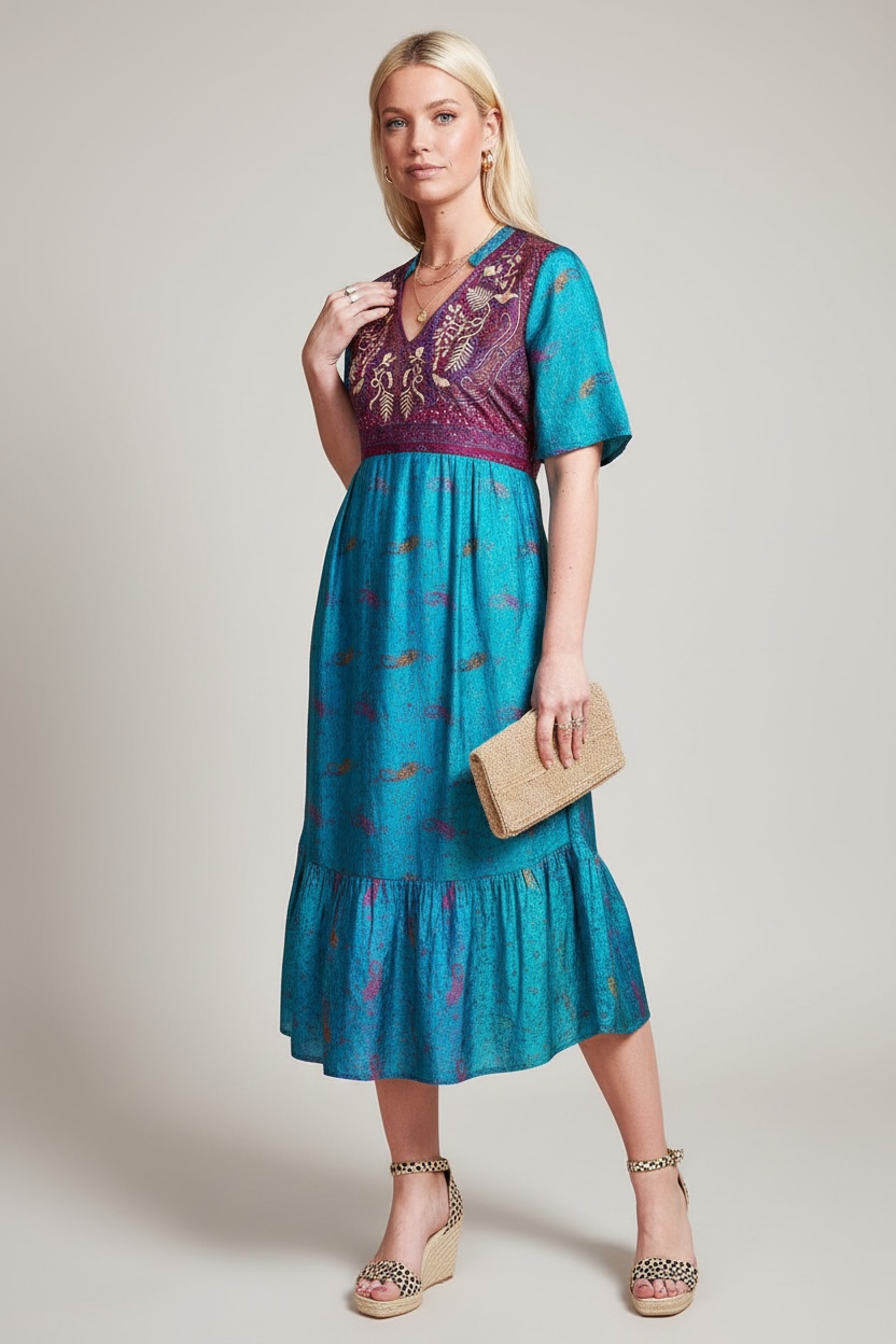 Zaria Silk Print Embroidered Dress 30 Size S/M