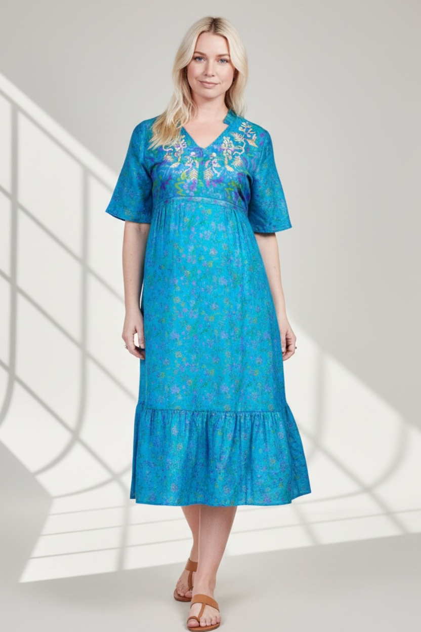 Zaria Silk Print Embroidered Dress 23 Size S/M