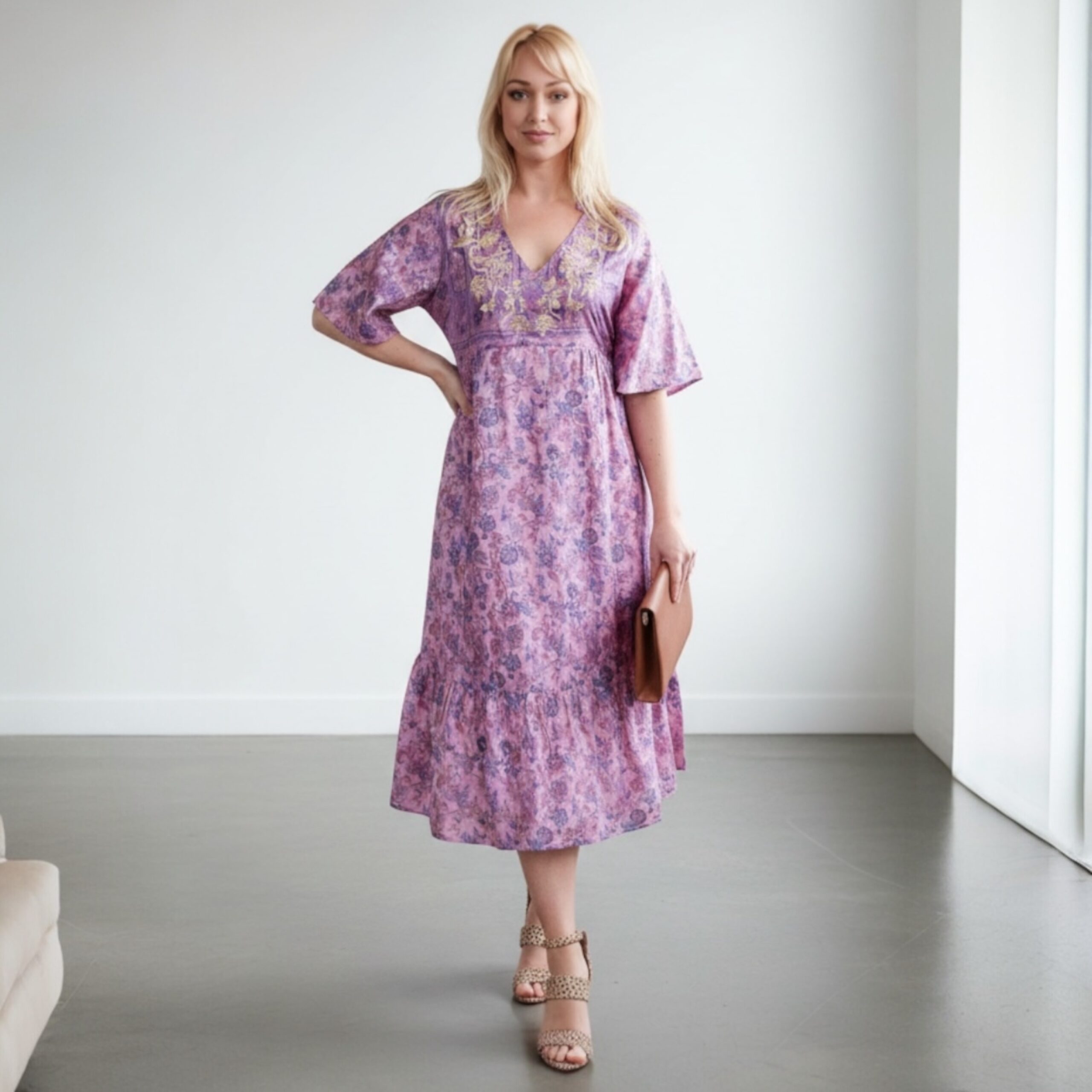 Zaria Silk Print Embroidered Dress 18 Size S/M