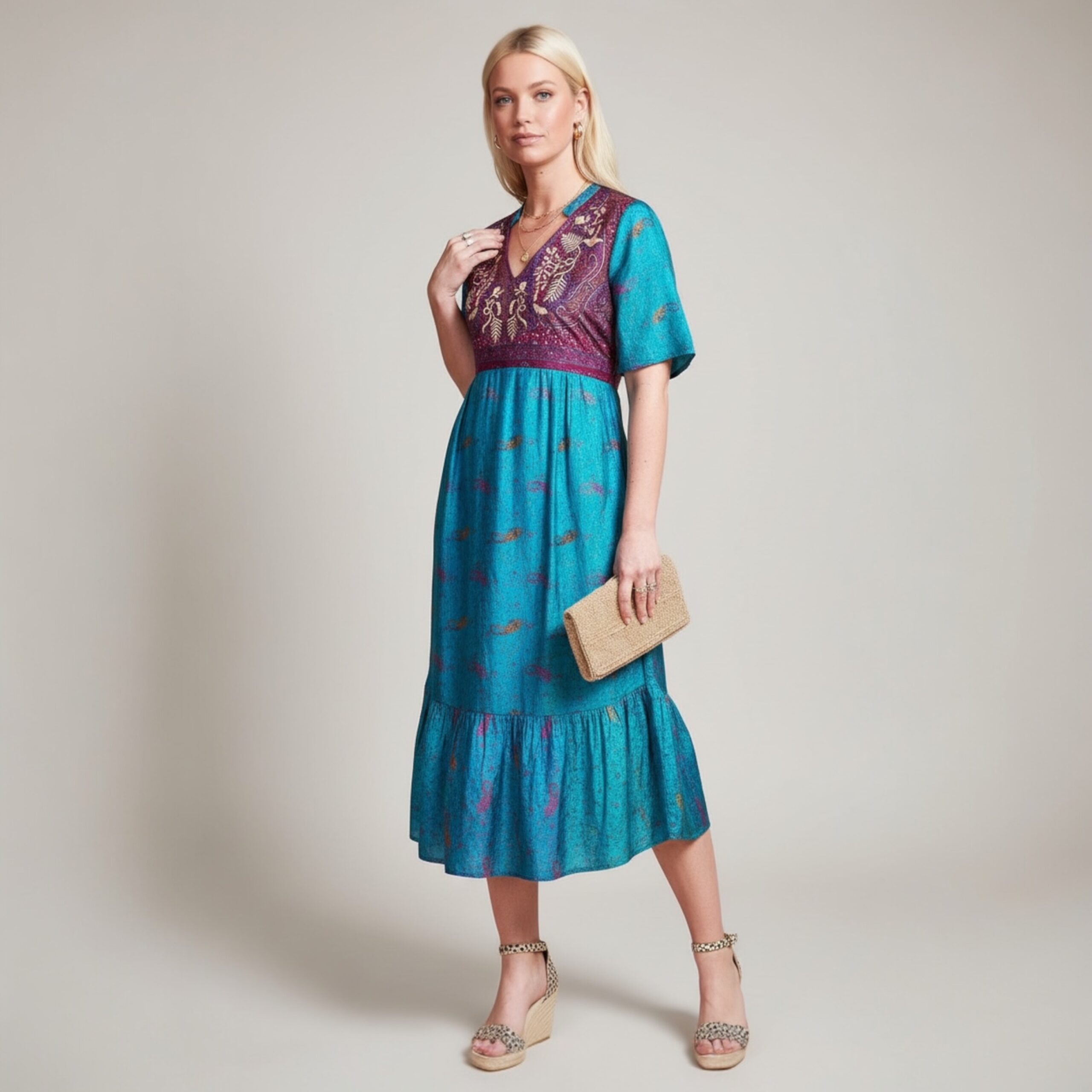 Zaria Silk Print Embroidered Dress 30 Size S/M