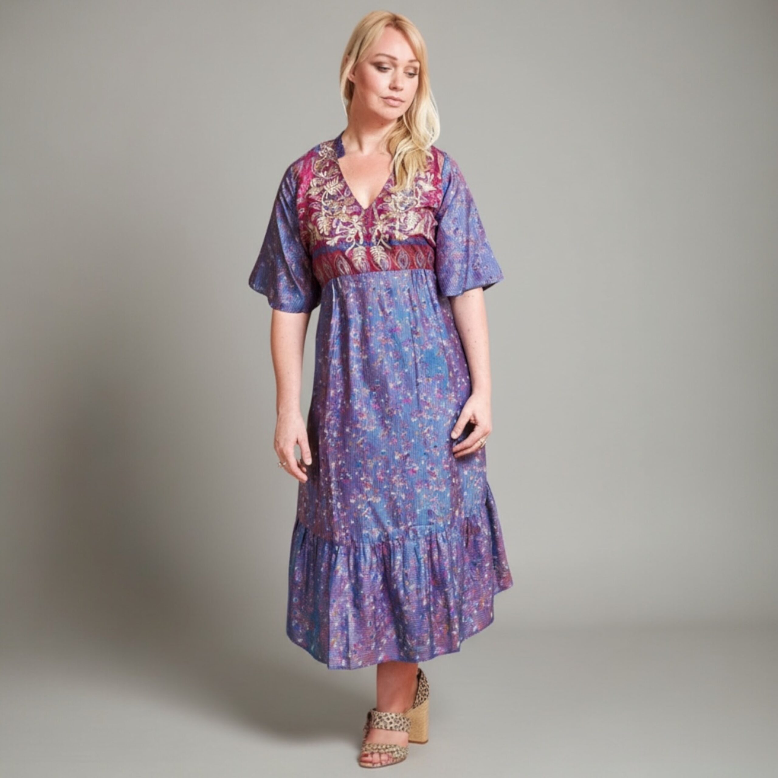 Zaria Silk Print Embroidered Dress 29 Size S/M