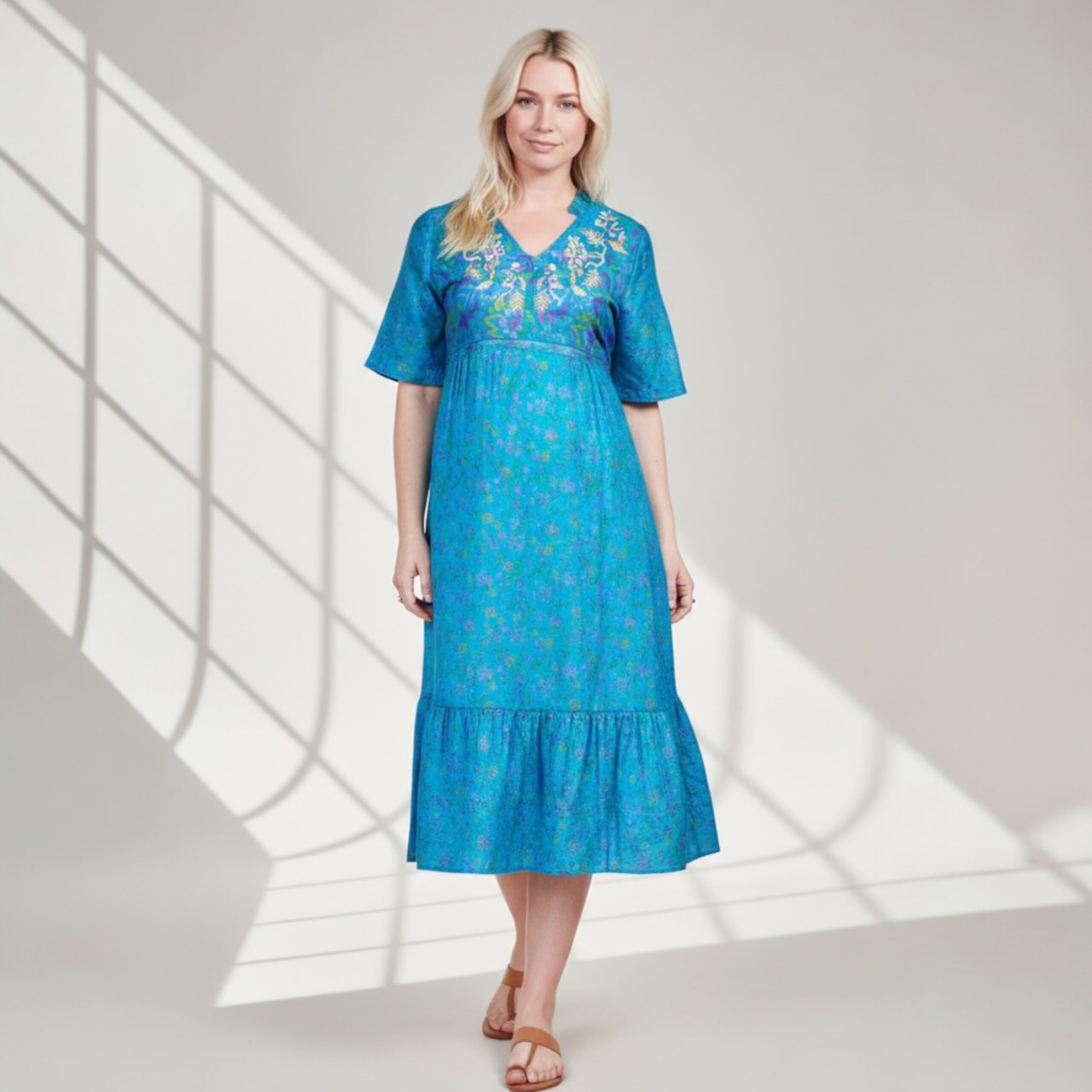 Zaria Silk Print Embroidered Dress 23 Size S/M